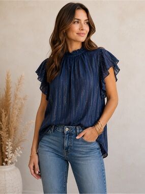 Birds of Paradis by Trovata Carla Navy Gold Metallic Pleated Top  Large